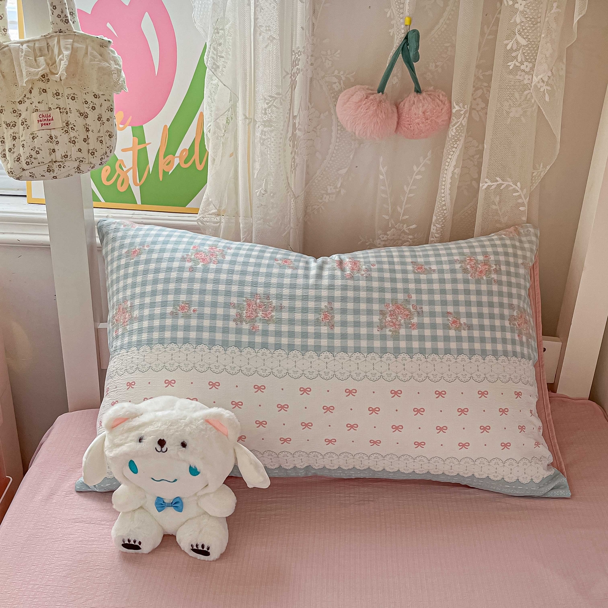 91家纺网 家纺一手货源 找家纺 佳鸿家纺 2025新款卡通云感双层纱宿舍床单三件套居家四件套床单被套床笠款（提供买家秀） 蓝格田园风