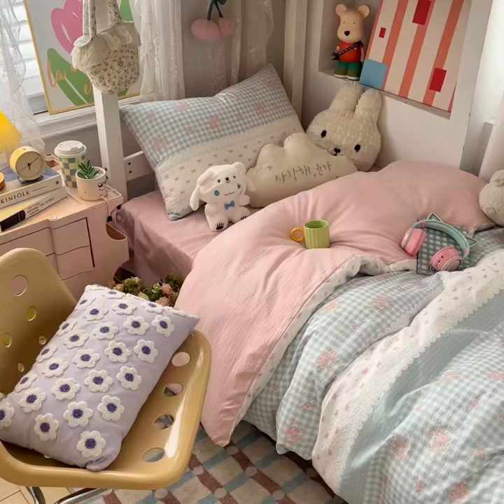 91家纺网 家纺一手货源 找家纺 佳鸿家纺 2025新款卡通云感双层纱宿舍床单三件套居家四件套床单被套床笠款（提供买家秀） 蓝格田园风