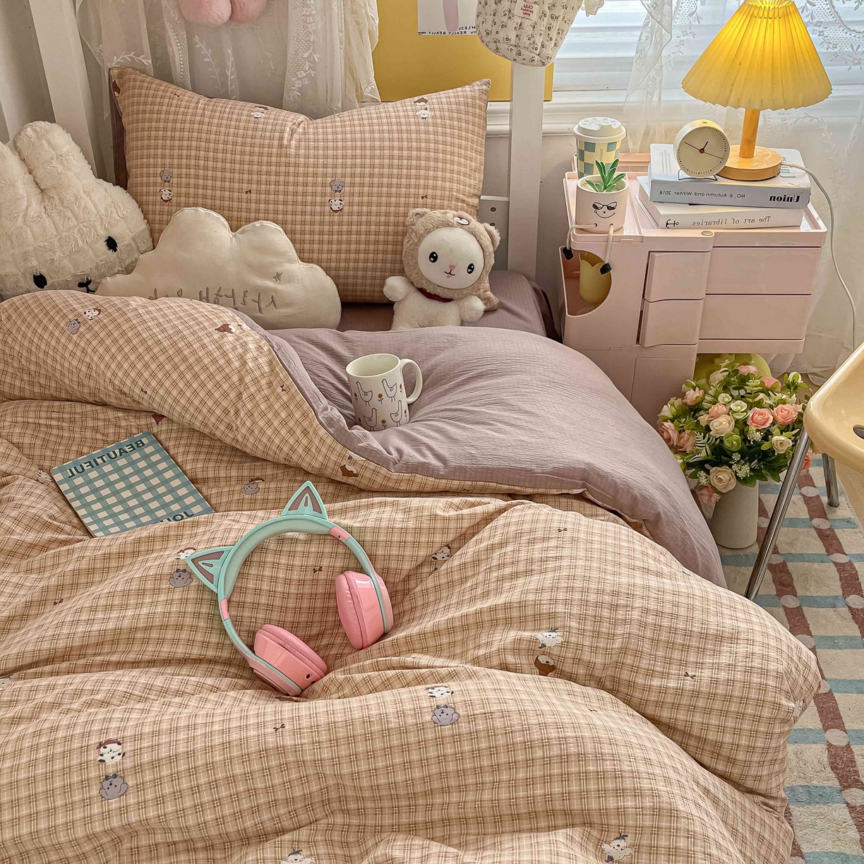 91家纺网 家纺一手货源 找家纺 佳鸿家纺 2025新款卡通云感双层纱宿舍床单三件套居家四件套床单被套床笠款（提供买家秀） 萌宠咖