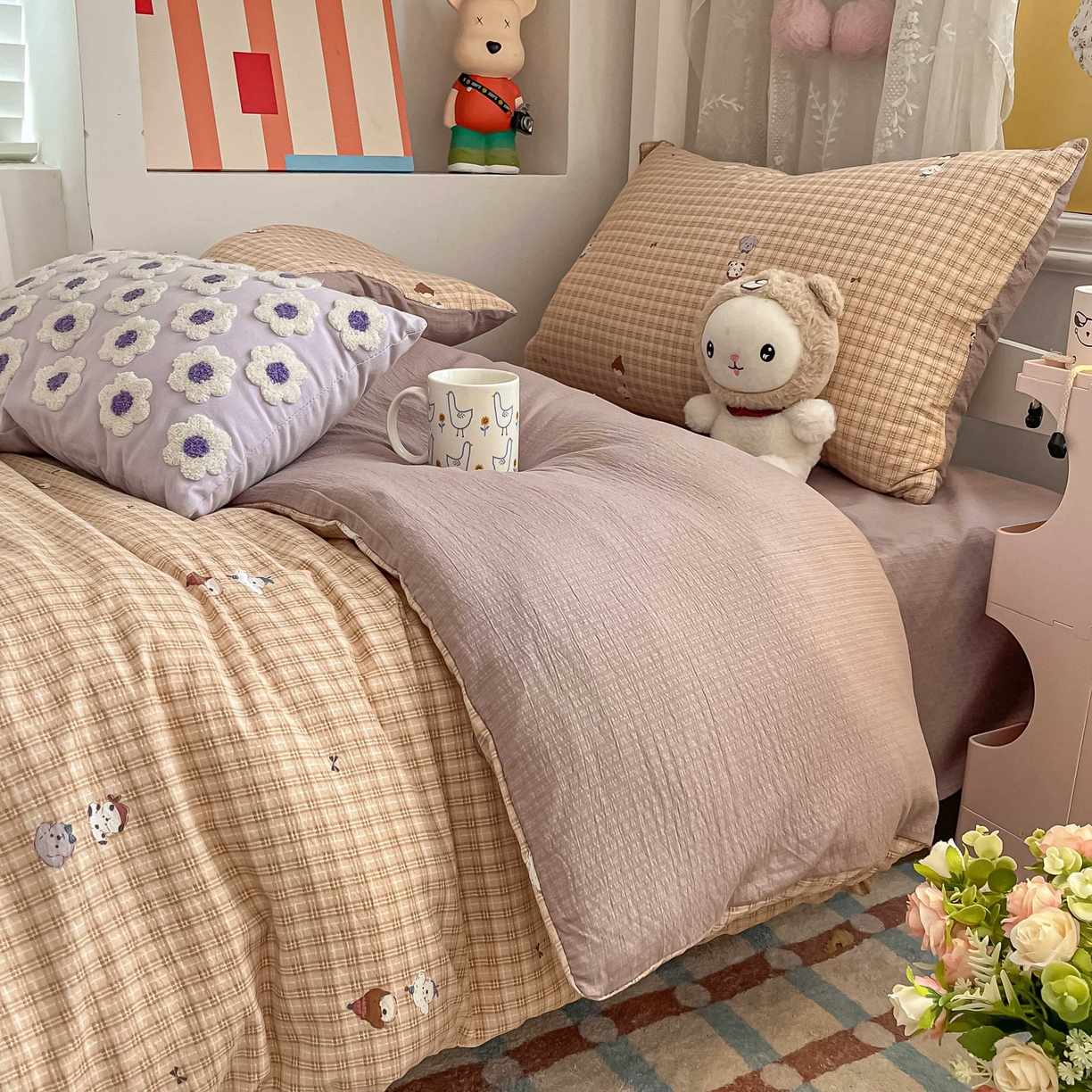 91家纺网 家纺一手货源 找家纺 佳鸿家纺 2025新款卡通云感双层纱宿舍床单三件套居家四件套床单被套床笠款（提供买家秀） 萌宠咖