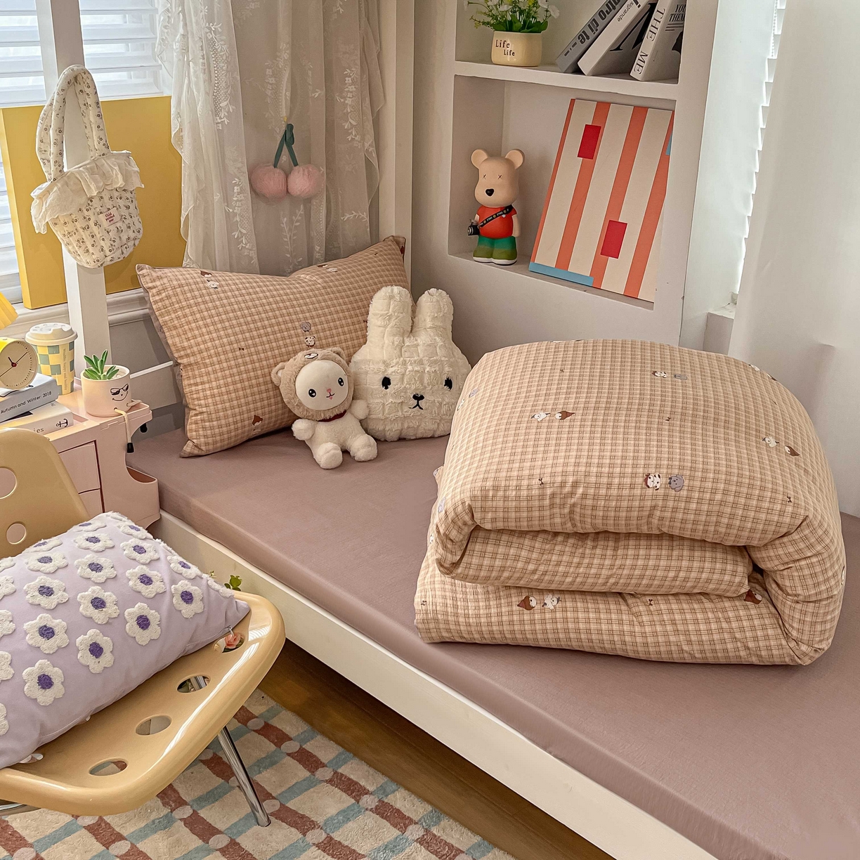 91家纺网 家纺一手货源 找家纺 佳鸿家纺 2025新款卡通云感双层纱宿舍床单三件套居家四件套床单被套床笠款（提供买家秀） 萌宠咖