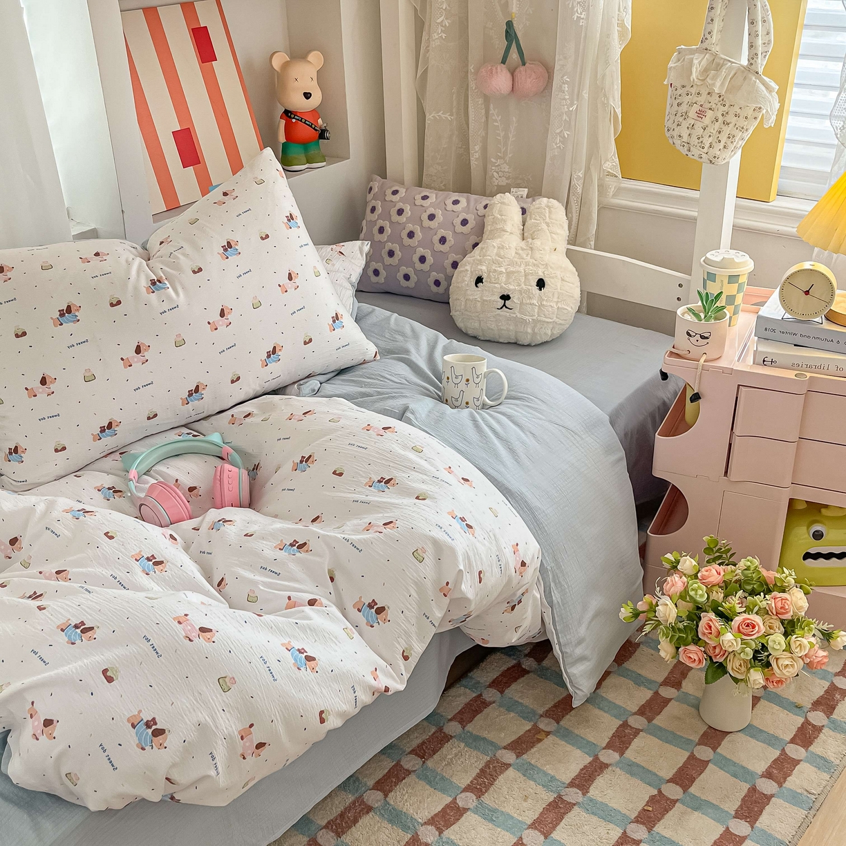 91家纺网 家纺一手货源 找家纺 佳鸿家纺 2025新款卡通云感双层纱宿舍床单三件套居家四件套床单被套床笠款（提供买家秀） 萌趣小狗