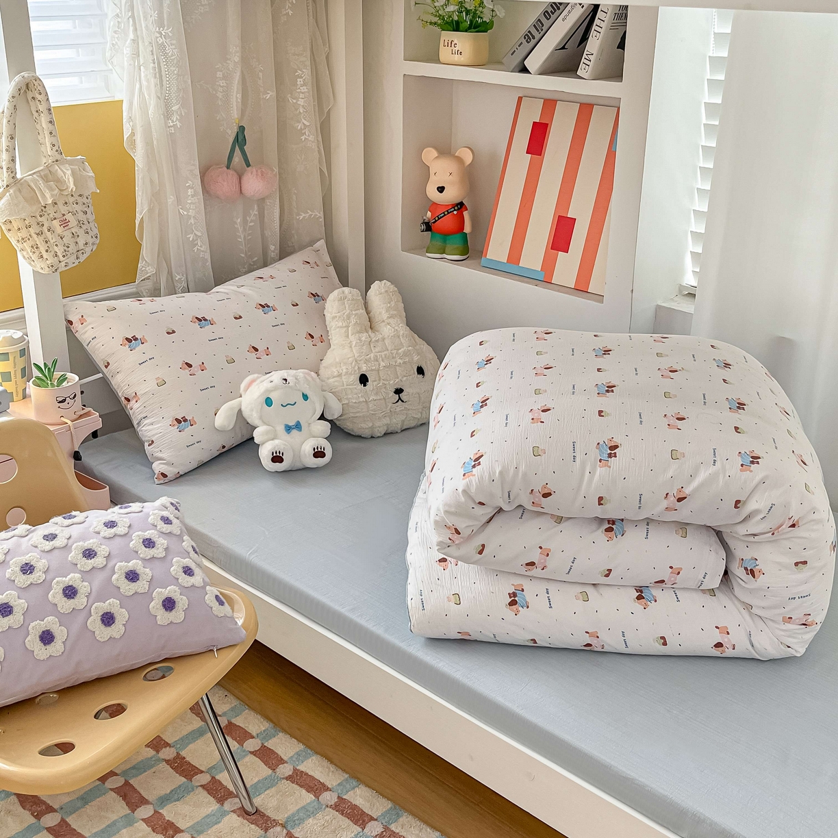 91家纺网 家纺一手货源 找家纺 佳鸿家纺 2025新款卡通云感双层纱宿舍床单三件套居家四件套床单被套床笠款（提供买家秀） 萌趣小狗