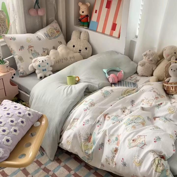 91家纺网 家纺一手货源 找家纺 佳鸿家纺 2025新款卡通云感双层纱宿舍床单三件套居家四件套床单被套床笠款（提供买家秀） 小熊露营记