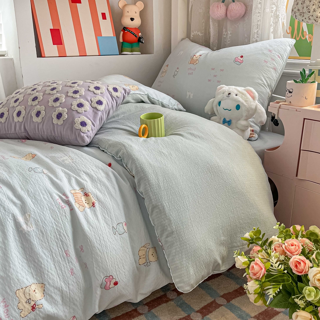 91家纺网 家纺一手货源 找家纺 佳鸿家纺 2025新款卡通云感双层纱宿舍床单三件套居家四件套床单被套床笠款（提供买家秀） 小熊甜点乐园