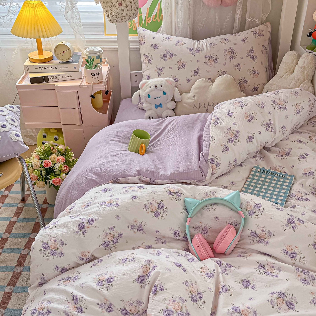 91家纺网 家纺一手货源 找家纺 佳鸿家纺 2025新款卡通云感双层纱宿舍床单三件套居家四件套床单被套床笠款（提供买家秀） 紫花梦境