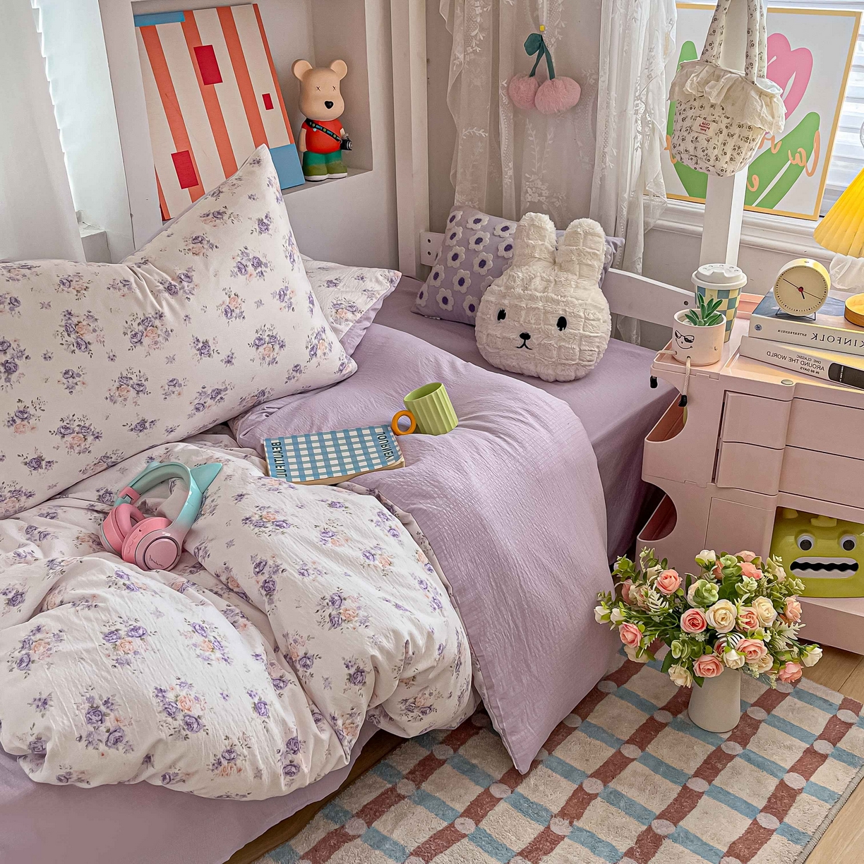 91家纺网 家纺一手货源 找家纺 佳鸿家纺 2025新款卡通云感双层纱宿舍床单三件套居家四件套床单被套床笠款（提供买家秀） 紫花梦境