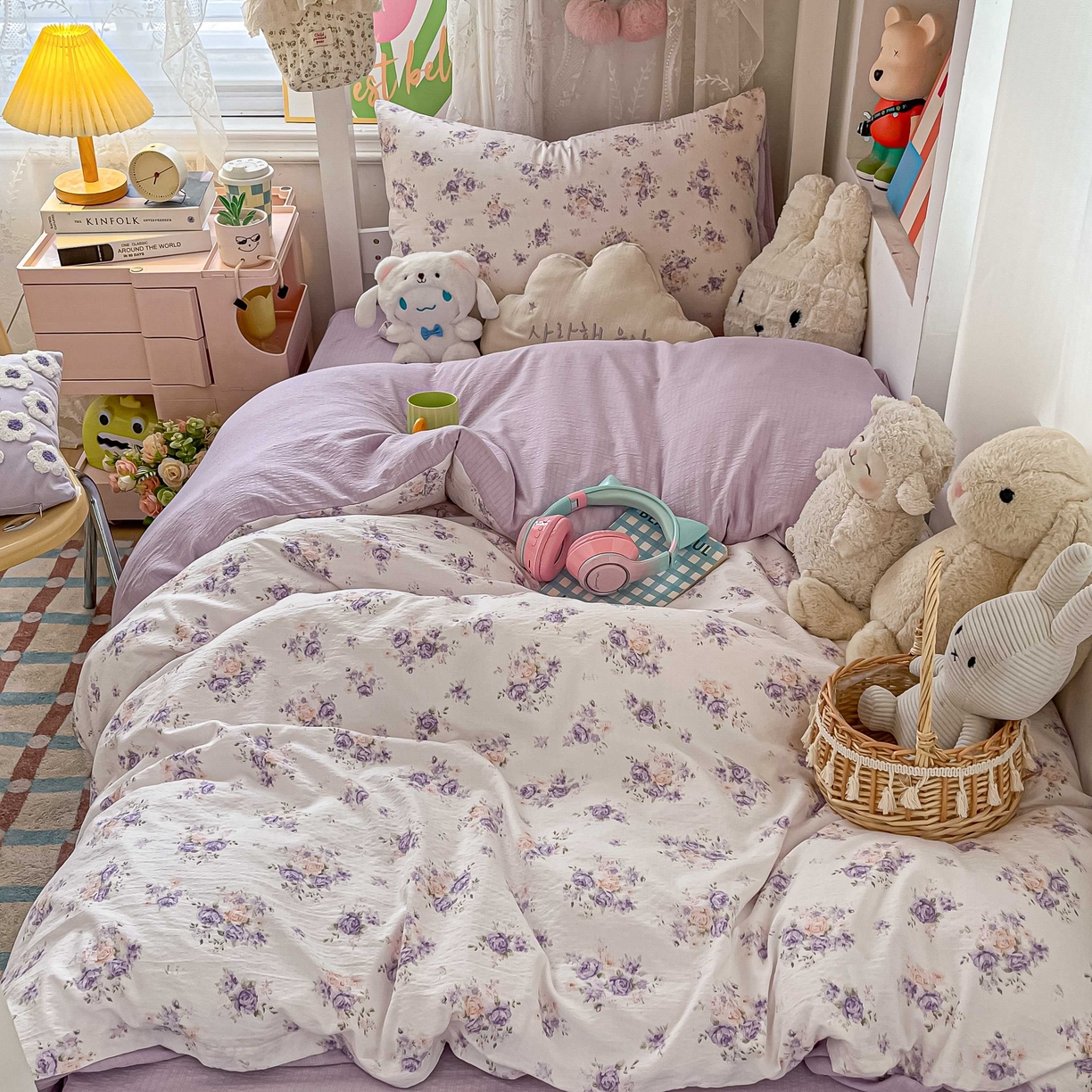 91家纺网 家纺一手货源 找家纺 佳鸿家纺 2025新款卡通云感双层纱宿舍床单三件套居家四件套床单被套床笠款（提供买家秀） 紫花梦境