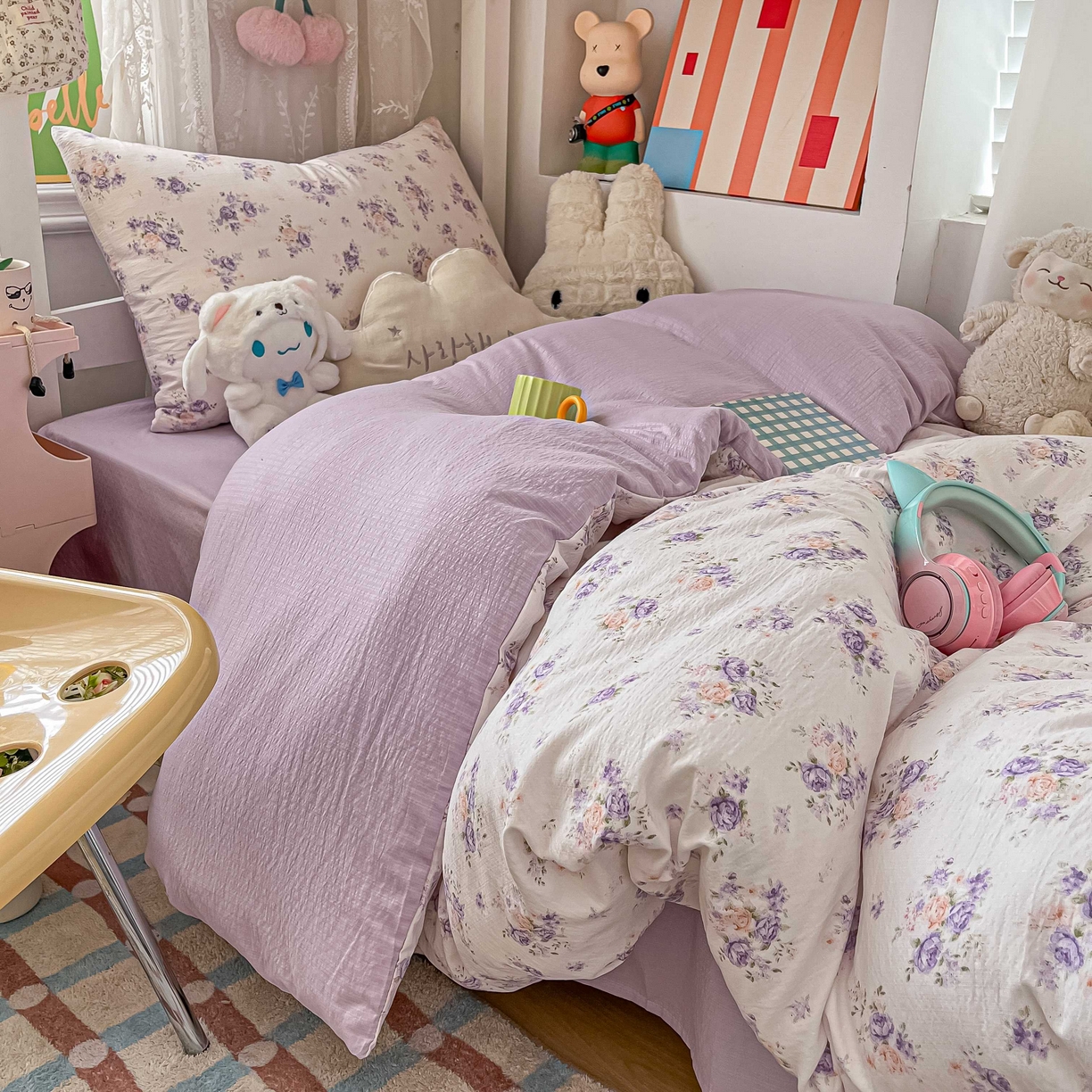 91家纺网 家纺一手货源 找家纺 佳鸿家纺 2025新款卡通云感双层纱宿舍床单三件套居家四件套床单被套床笠款（提供买家秀） 紫花梦境