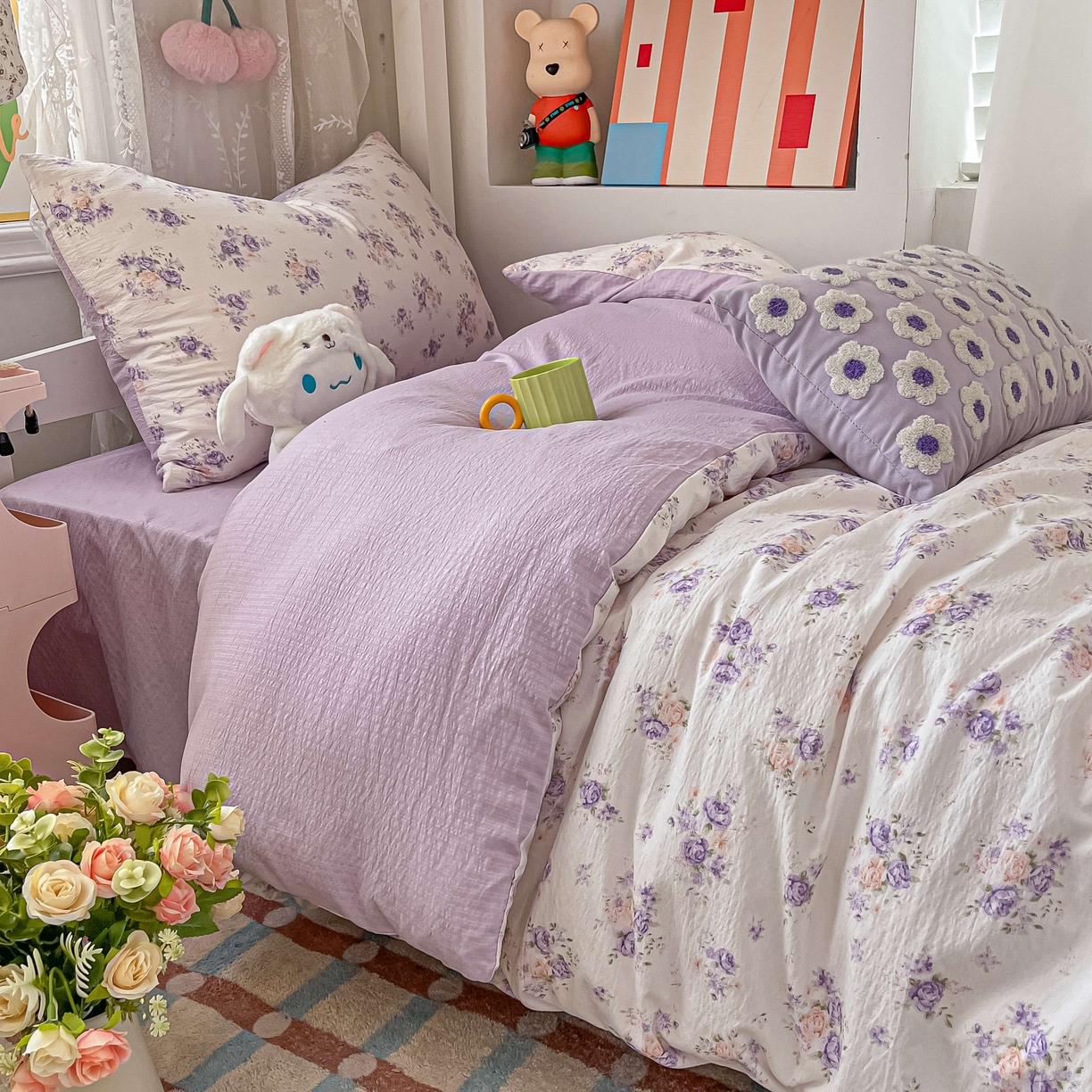 91家纺网 家纺一手货源 找家纺 佳鸿家纺 2025新款卡通云感双层纱宿舍床单三件套居家四件套床单被套床笠款（提供买家秀） 紫花梦境