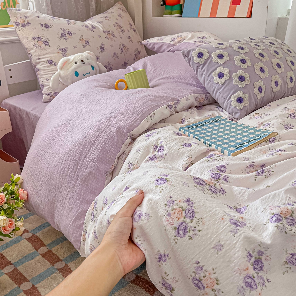 91家纺网 家纺一手货源 找家纺 佳鸿家纺 2025新款卡通云感双层纱宿舍床单三件套居家四件套床单被套床笠款（提供买家秀） 紫花梦境