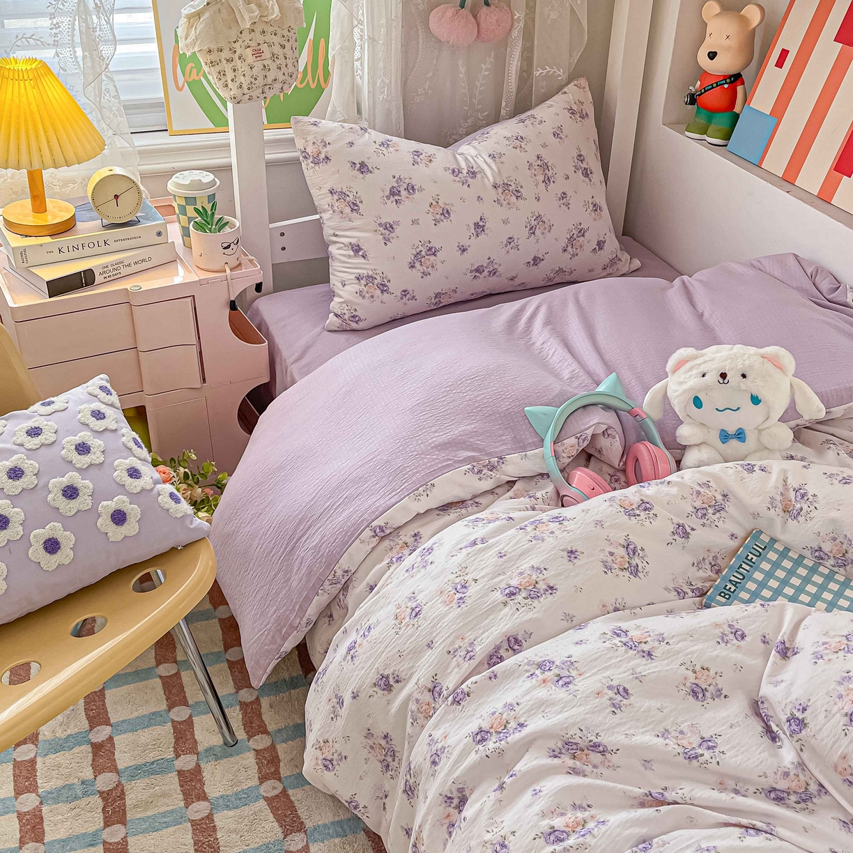 91家纺网 家纺一手货源 找家纺 佳鸿家纺 2025新款卡通云感双层纱宿舍床单三件套居家四件套床单被套床笠款（提供买家秀） 紫花梦境