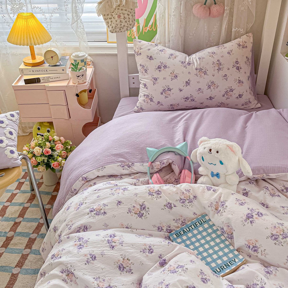 91家纺网 家纺一手货源 找家纺 佳鸿家纺 2025新款卡通云感双层纱宿舍床单三件套居家四件套床单被套床笠款（提供买家秀） 紫花梦境