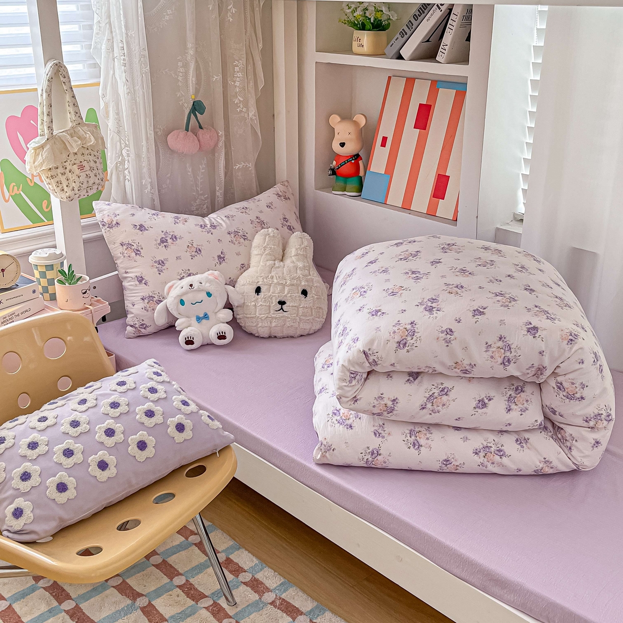 91家纺网 家纺一手货源 找家纺 佳鸿家纺 2025新款卡通云感双层纱宿舍床单三件套居家四件套床单被套床笠款（提供买家秀） 紫花梦境