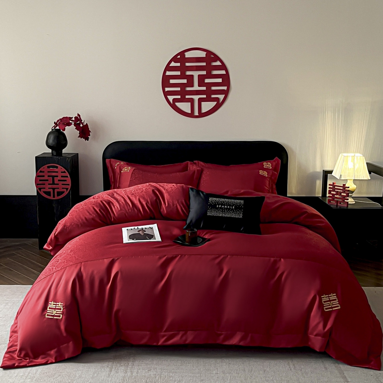 91家纺网 家纺一手货源 找家纺 （总）欧乐蒂 2025新款亲肤棉提花婚庆四件套-玫瑰喜事