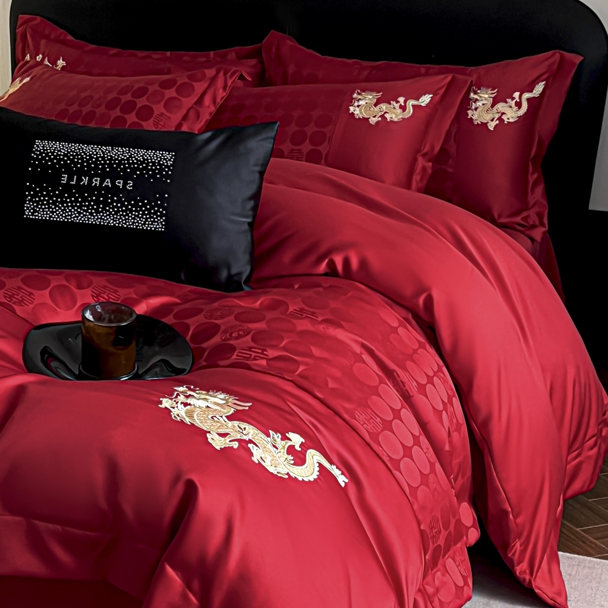 91家纺网 家纺一手货源 找家纺 欧乐蒂 2025新款亲肤棉提花婚庆四件套-玫瑰喜事 龙凤有喜-金