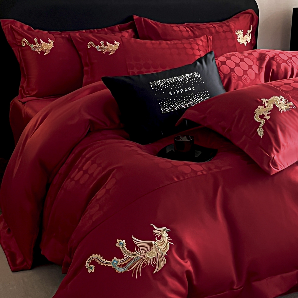 91家纺网 家纺一手货源 找家纺 欧乐蒂 2025新款亲肤棉提花婚庆四件套-玫瑰喜事 龙凤有喜-金