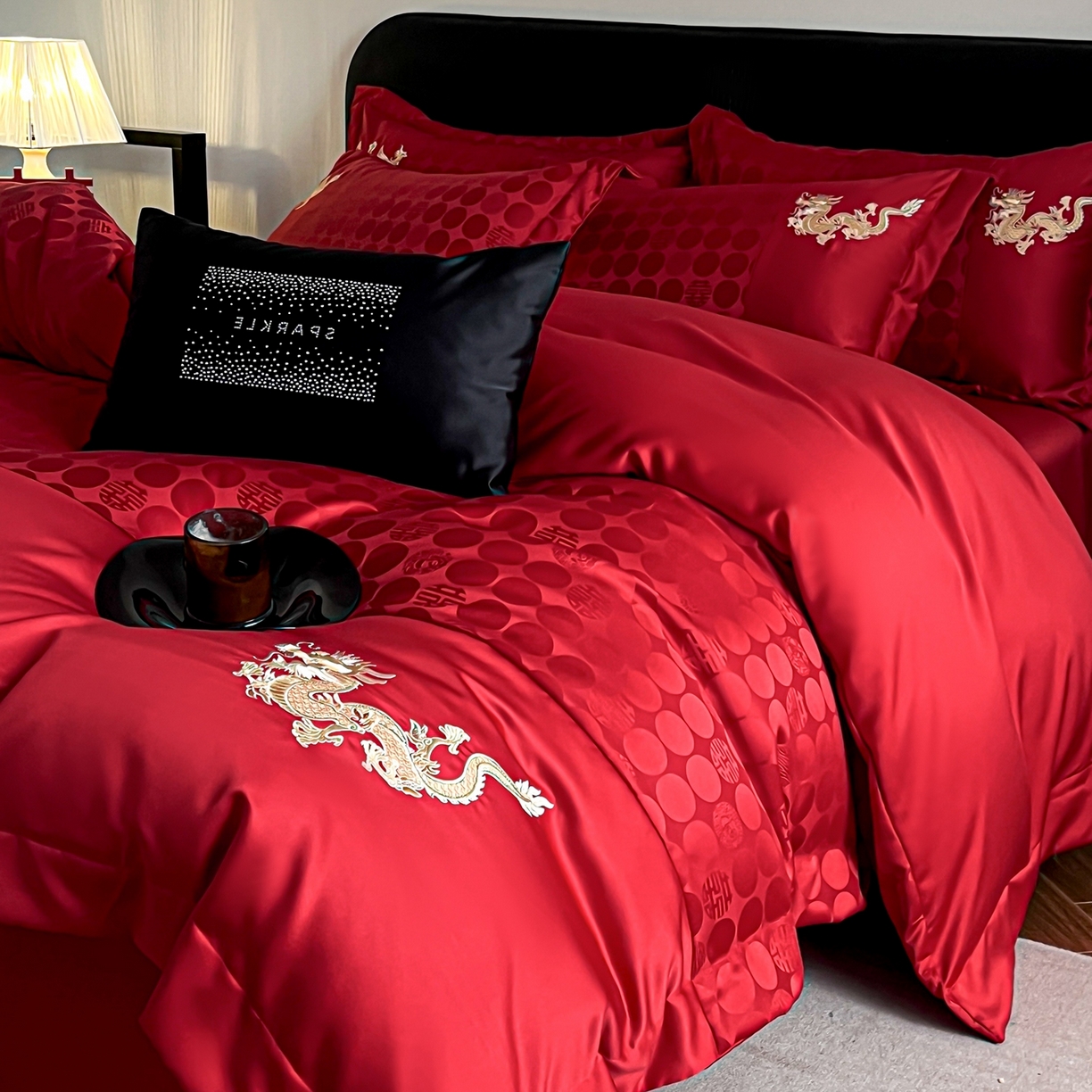 91家纺网 家纺一手货源 找家纺 欧乐蒂 2025新款亲肤棉提花婚庆四件套-玫瑰喜事 龙凤有喜-金