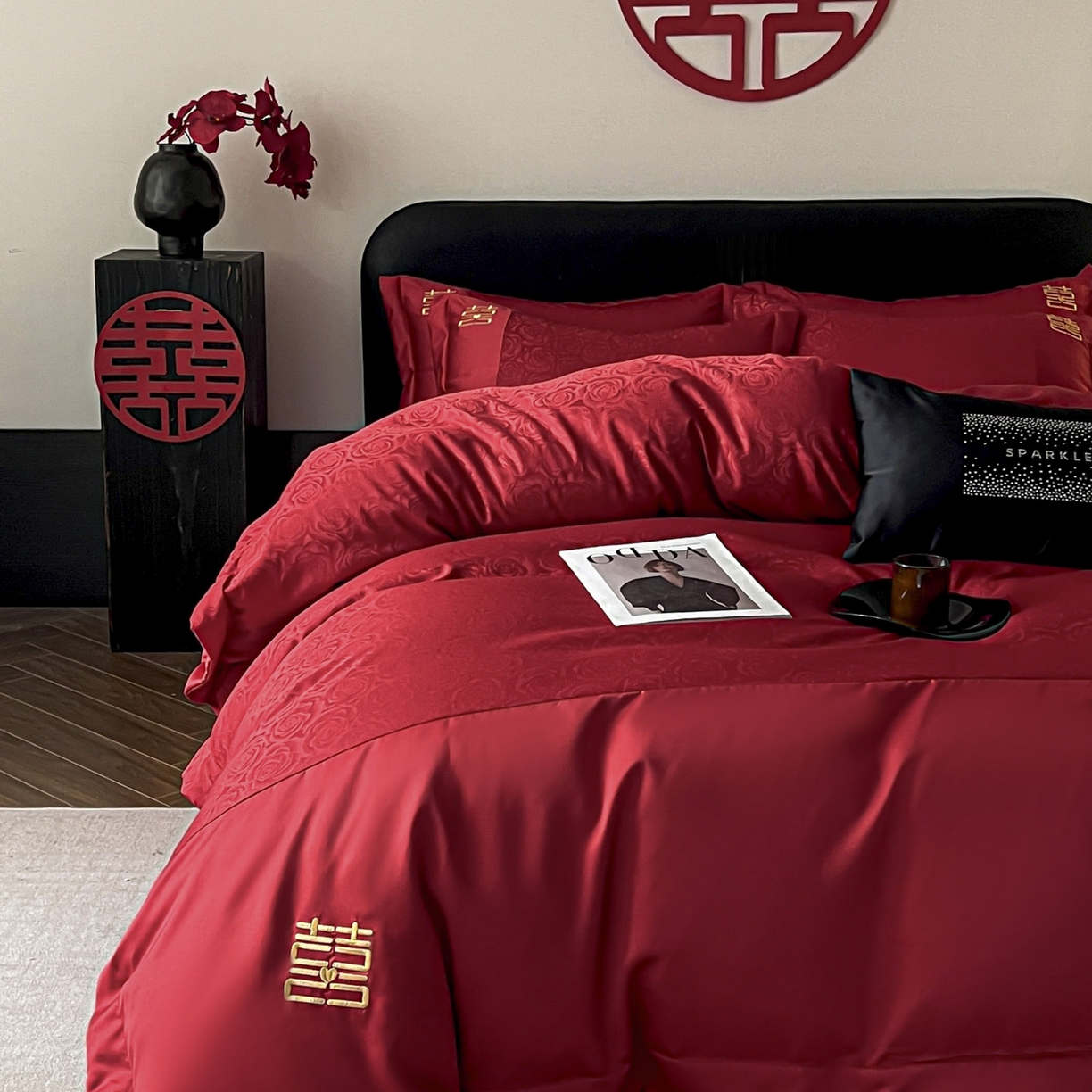 91家纺网 家纺一手货源 找家纺 欧乐蒂 2025新款亲肤棉提花婚庆四件套-玫瑰喜事 玫瑰喜事-金