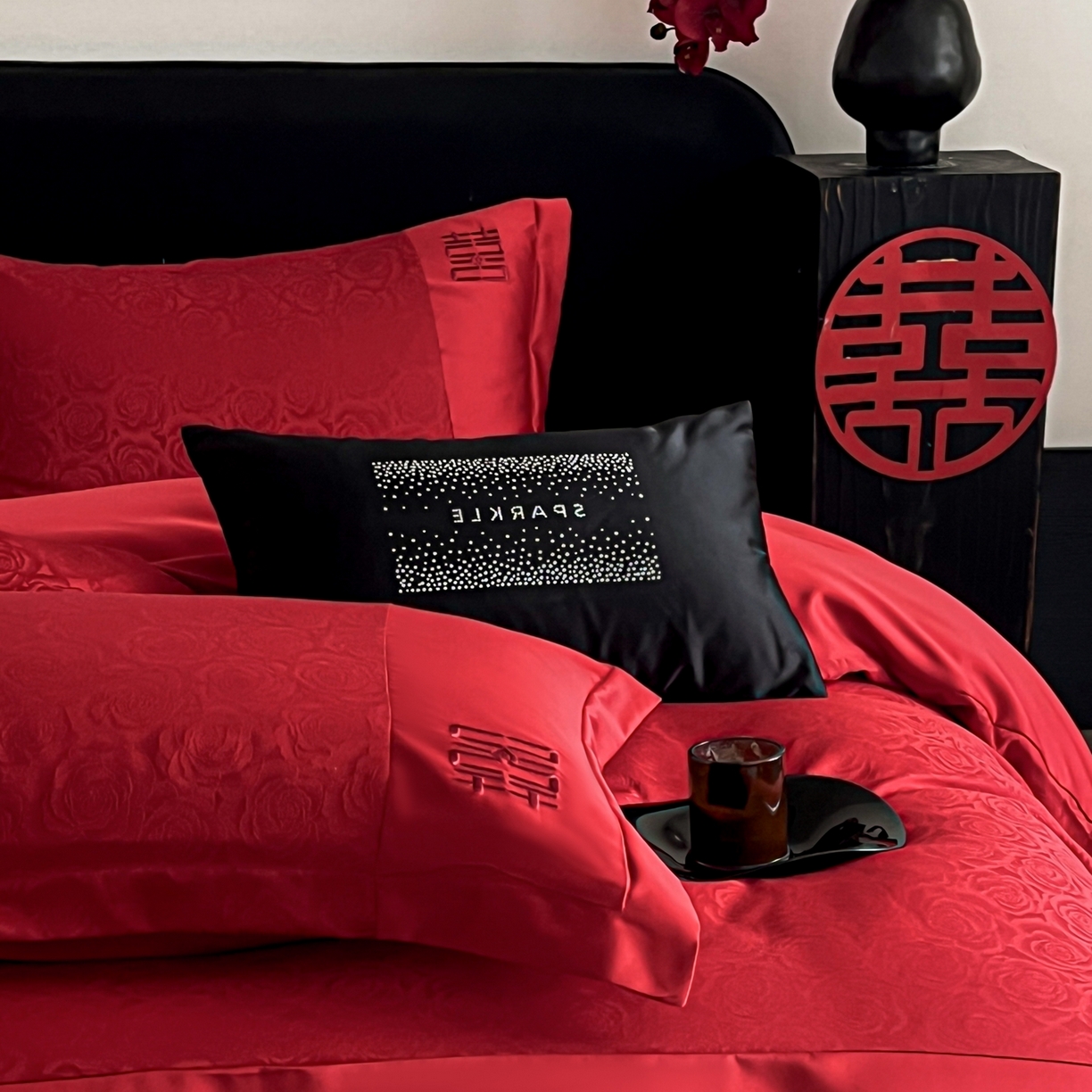 91家纺网 家纺一手货源 找家纺 欧乐蒂 2025新款亲肤棉提花婚庆四件套-玫瑰喜事 玫瑰喜事-红