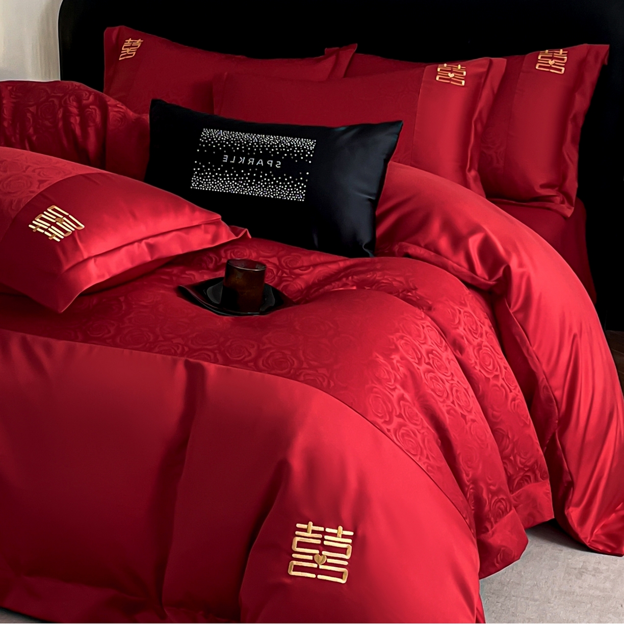 91家纺网 家纺一手货源 找家纺 欧乐蒂 2025新款亲肤棉提花婚庆四件套-玫瑰喜事 玫瑰喜事-金