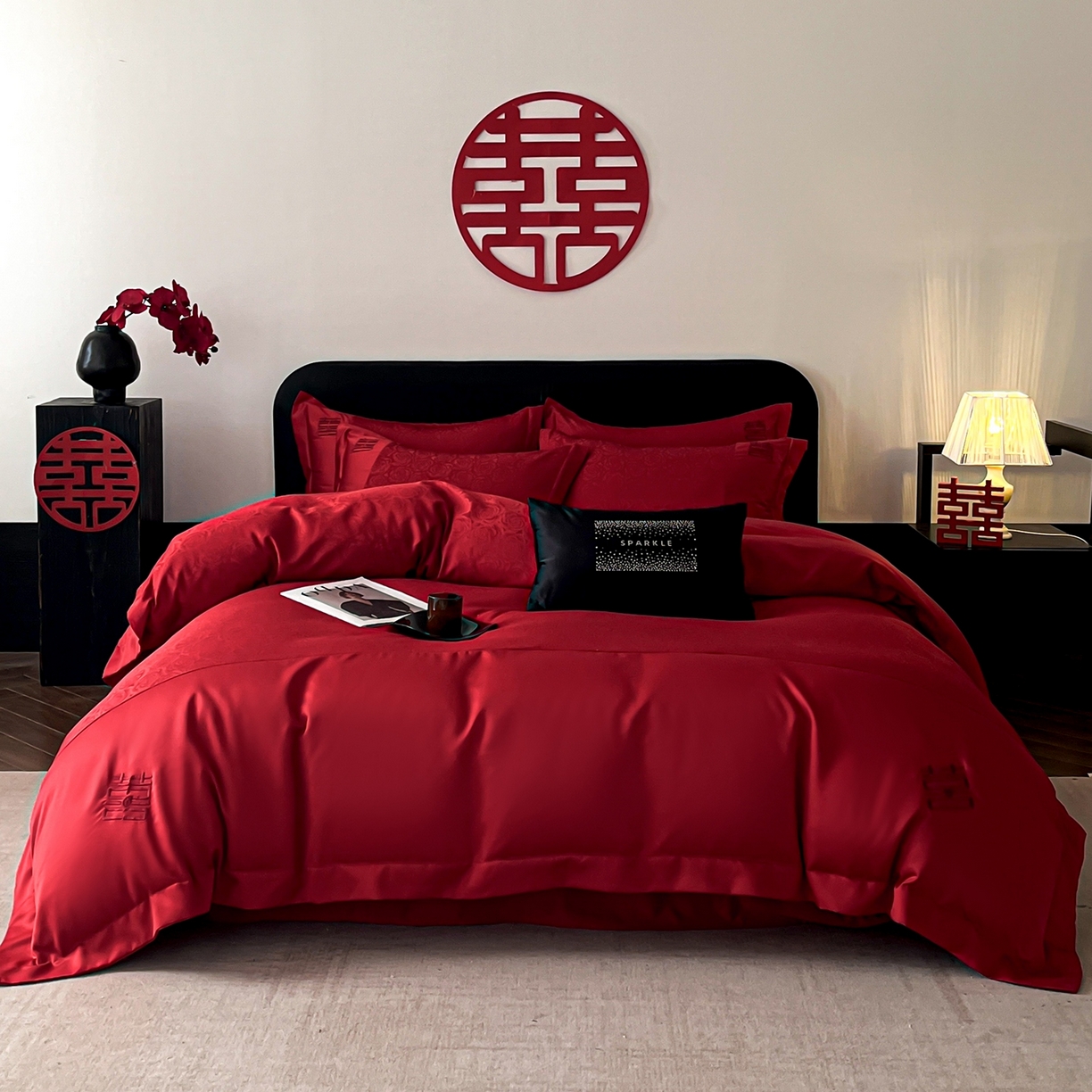 91家纺网 家纺一手货源 找家纺 欧乐蒂 2025新款亲肤棉提花婚庆四件套-玫瑰喜事 玫瑰喜事-红