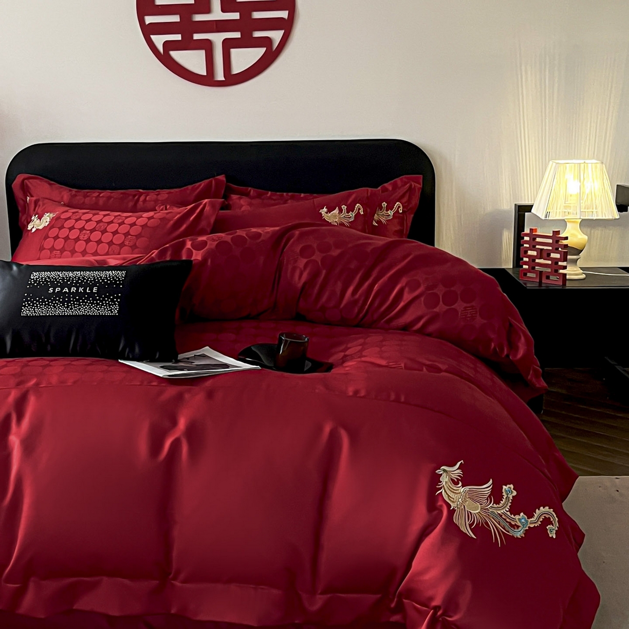 91家纺网 家纺一手货源 找家纺 欧乐蒂 2025新款亲肤棉提花婚庆四件套-玫瑰喜事 龙凤有喜-金