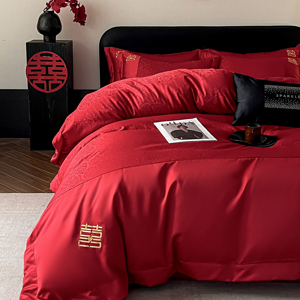 91家纺网 家纺一手货源 找家纺 欧乐蒂 2025新款亲肤棉提花婚庆四件套-玫瑰喜事 玫瑰喜事-金