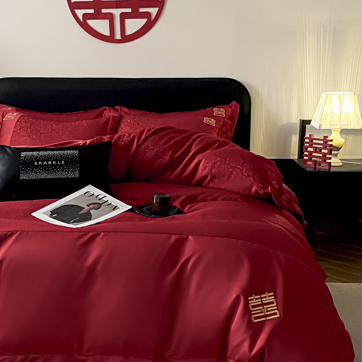 91家纺网 家纺一手货源 找家纺 欧乐蒂 2025新款亲肤棉提花婚庆四件套-玫瑰喜事 玫瑰喜事-金