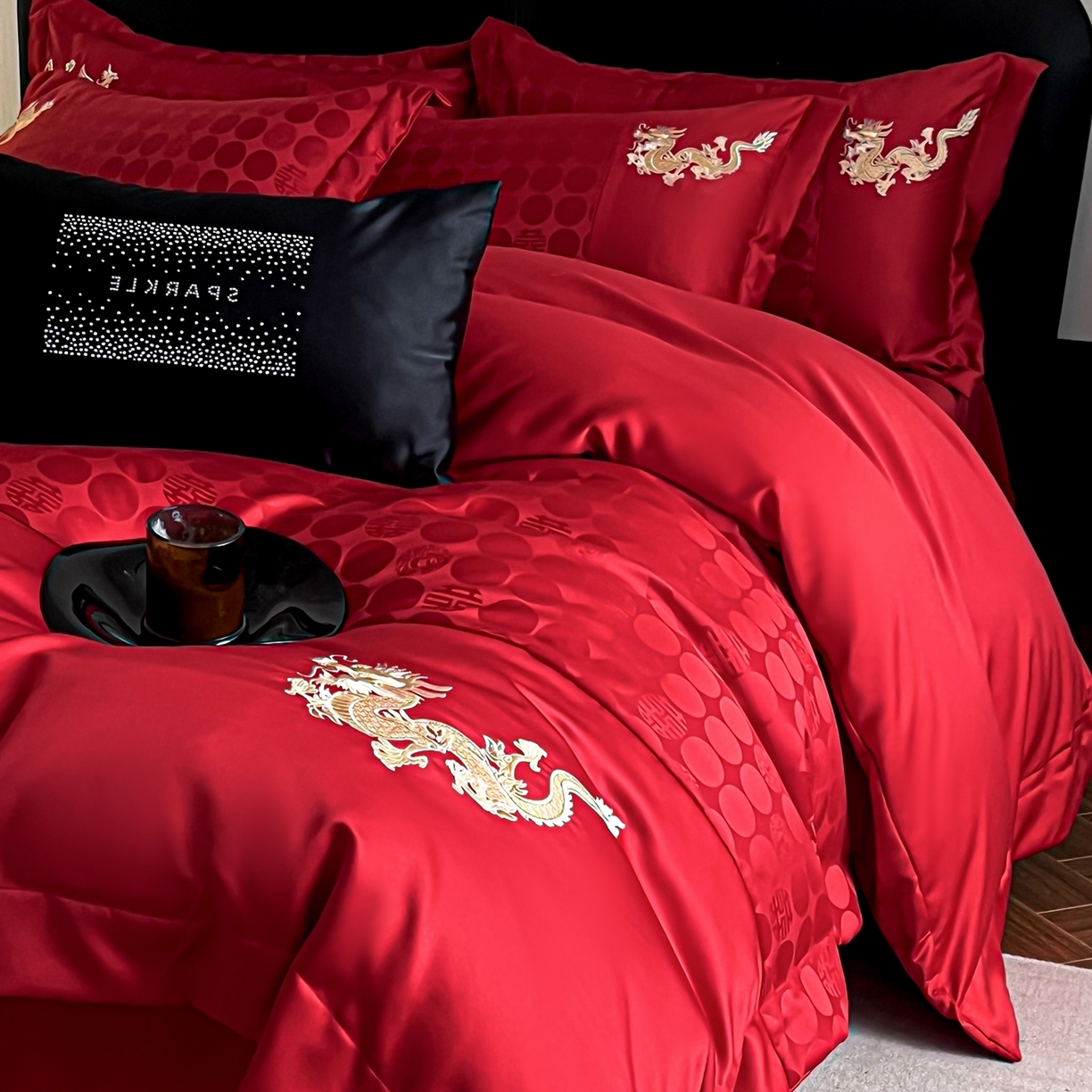 91家纺网 家纺一手货源 找家纺 欧乐蒂 2025新款亲肤棉提花婚庆四件套-玫瑰喜事 龙凤有喜-金