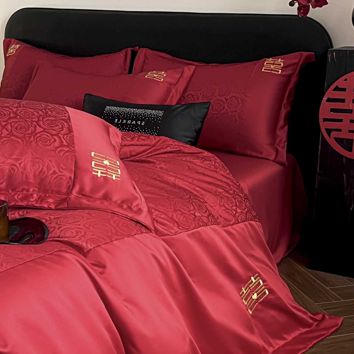 91家纺网 家纺一手货源 找家纺 欧乐蒂 2025新款亲肤棉提花婚庆四件套-玫瑰喜事 玫瑰喜事-金