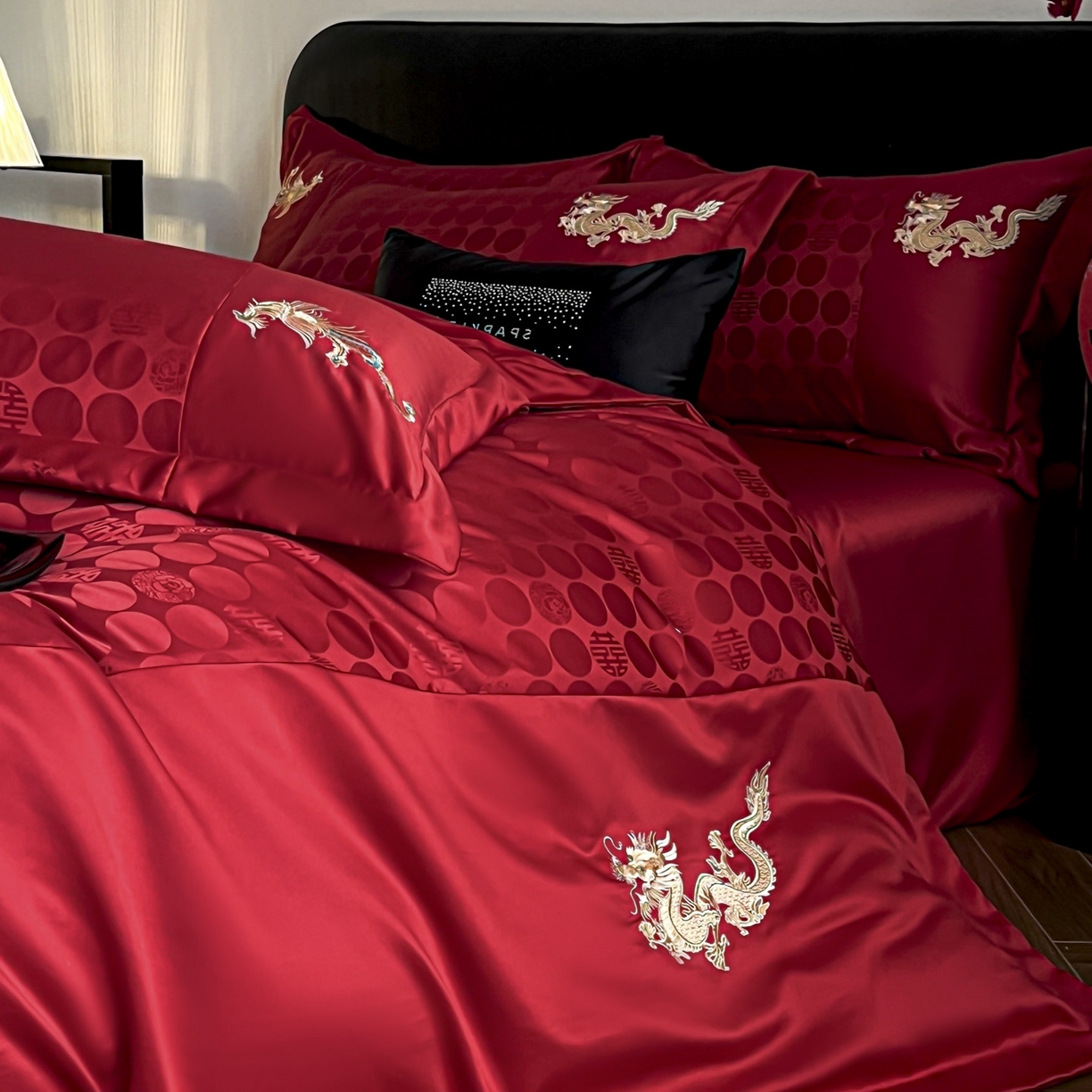 91家纺网 家纺一手货源 找家纺 欧乐蒂 2025新款亲肤棉提花婚庆四件套-玫瑰喜事 龙凤有喜-金