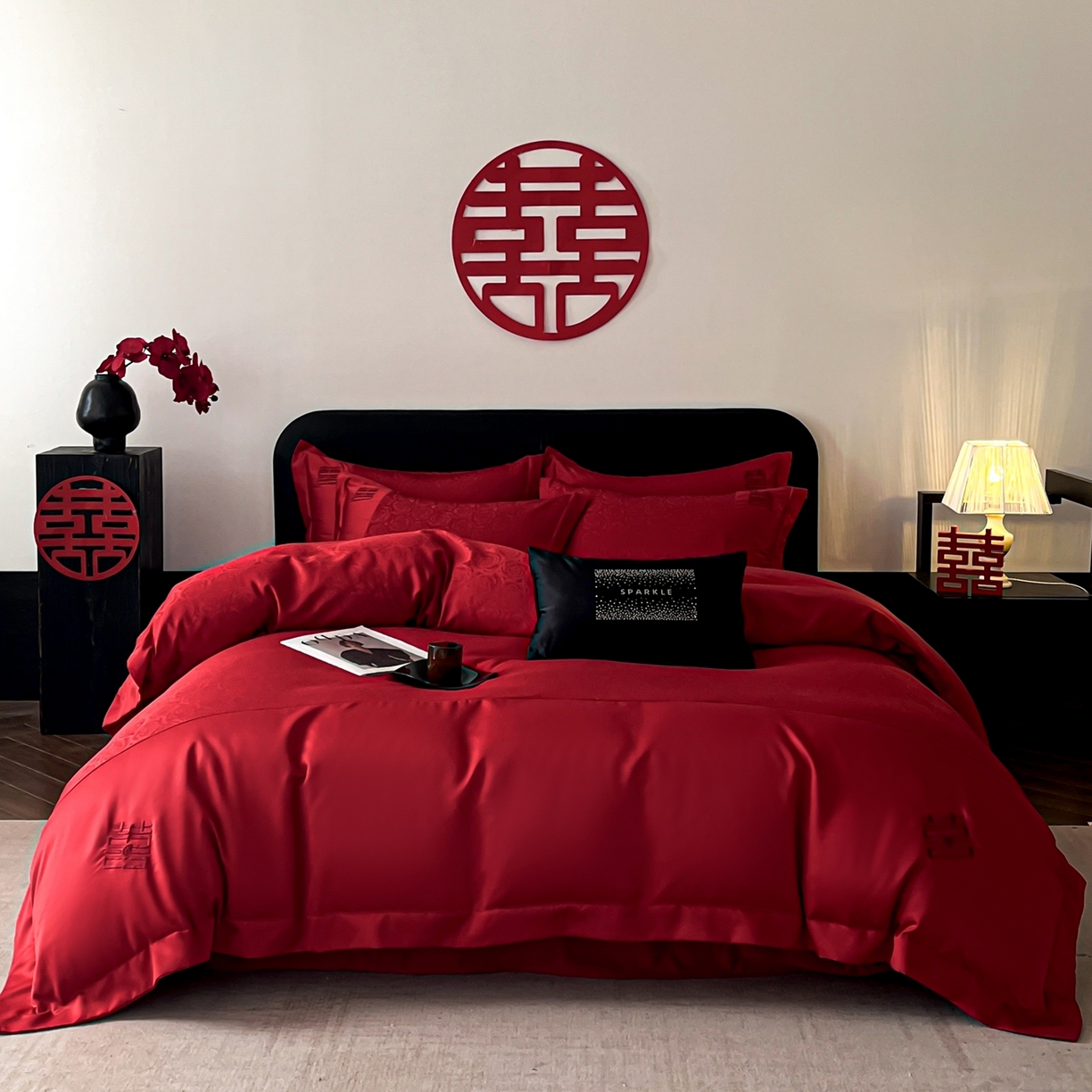 欧乐蒂 2025新款亲肤棉提花婚庆四件套-玫瑰喜事 玫瑰喜事-红