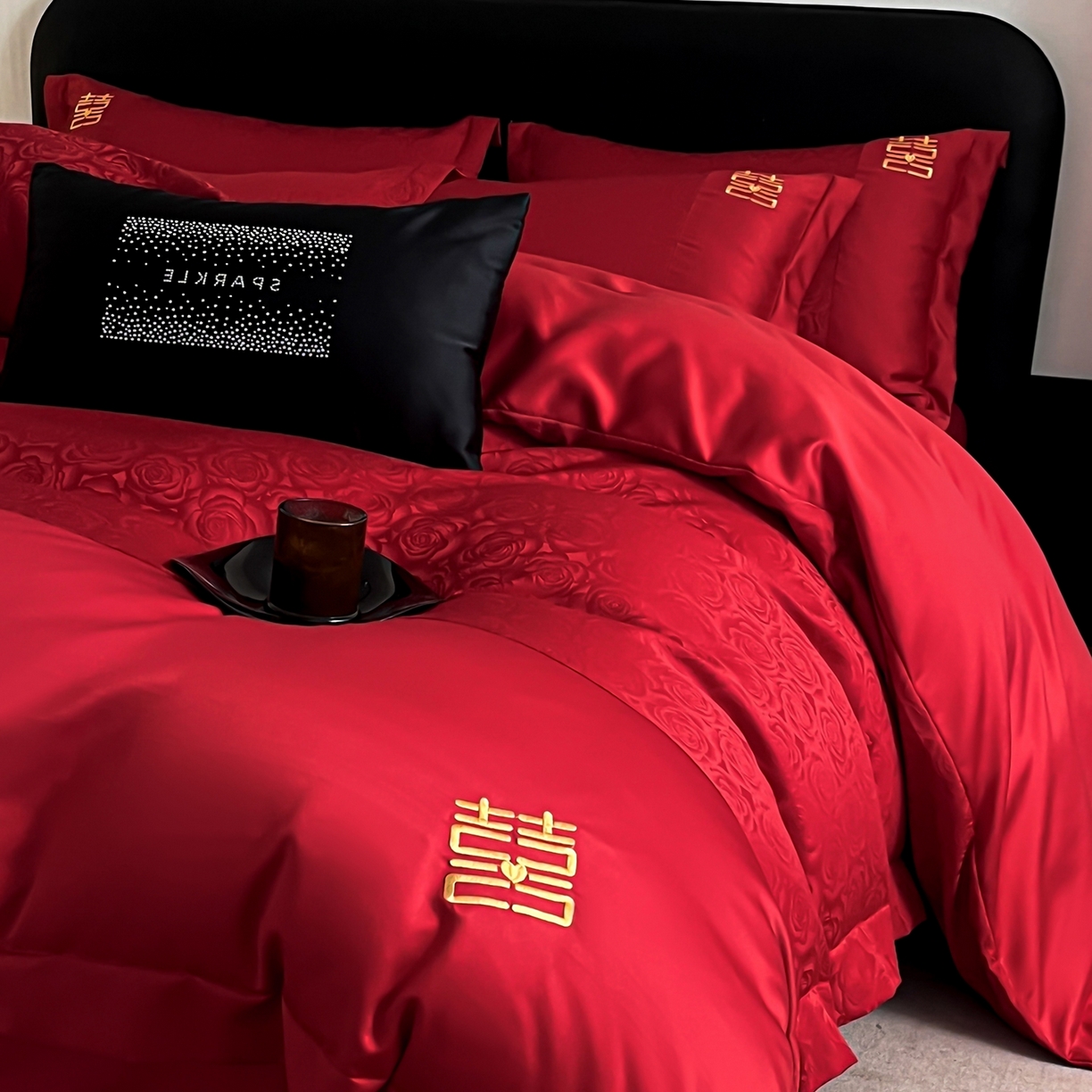 91家纺网 家纺一手货源 找家纺 欧乐蒂 2025新款亲肤棉提花婚庆四件套-玫瑰喜事 玫瑰喜事-金