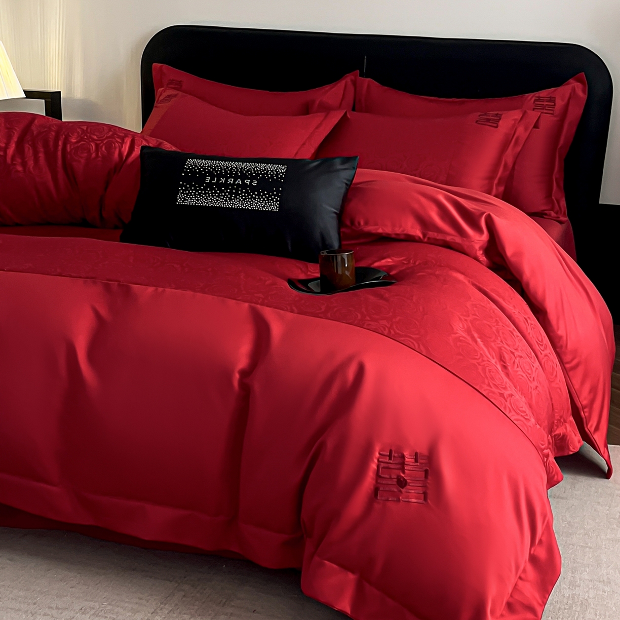 91家纺网 家纺一手货源 找家纺 欧乐蒂 2025新款亲肤棉提花婚庆四件套-玫瑰喜事 玫瑰喜事-红