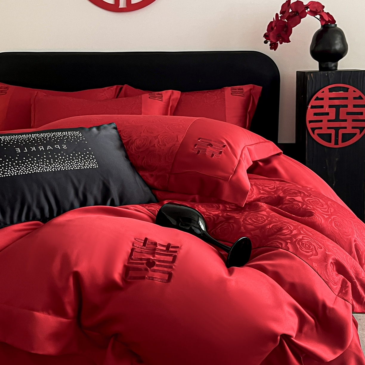 91家纺网 家纺一手货源 找家纺 欧乐蒂 2025新款亲肤棉提花婚庆四件套-玫瑰喜事 玫瑰喜事-红