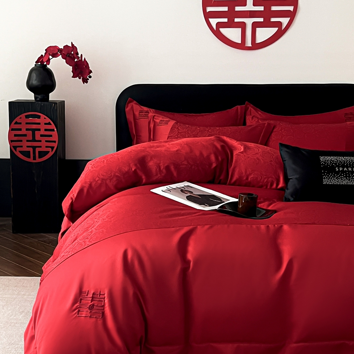 91家纺网 家纺一手货源 找家纺 欧乐蒂 2025新款亲肤棉提花婚庆四件套-玫瑰喜事 玫瑰喜事-红