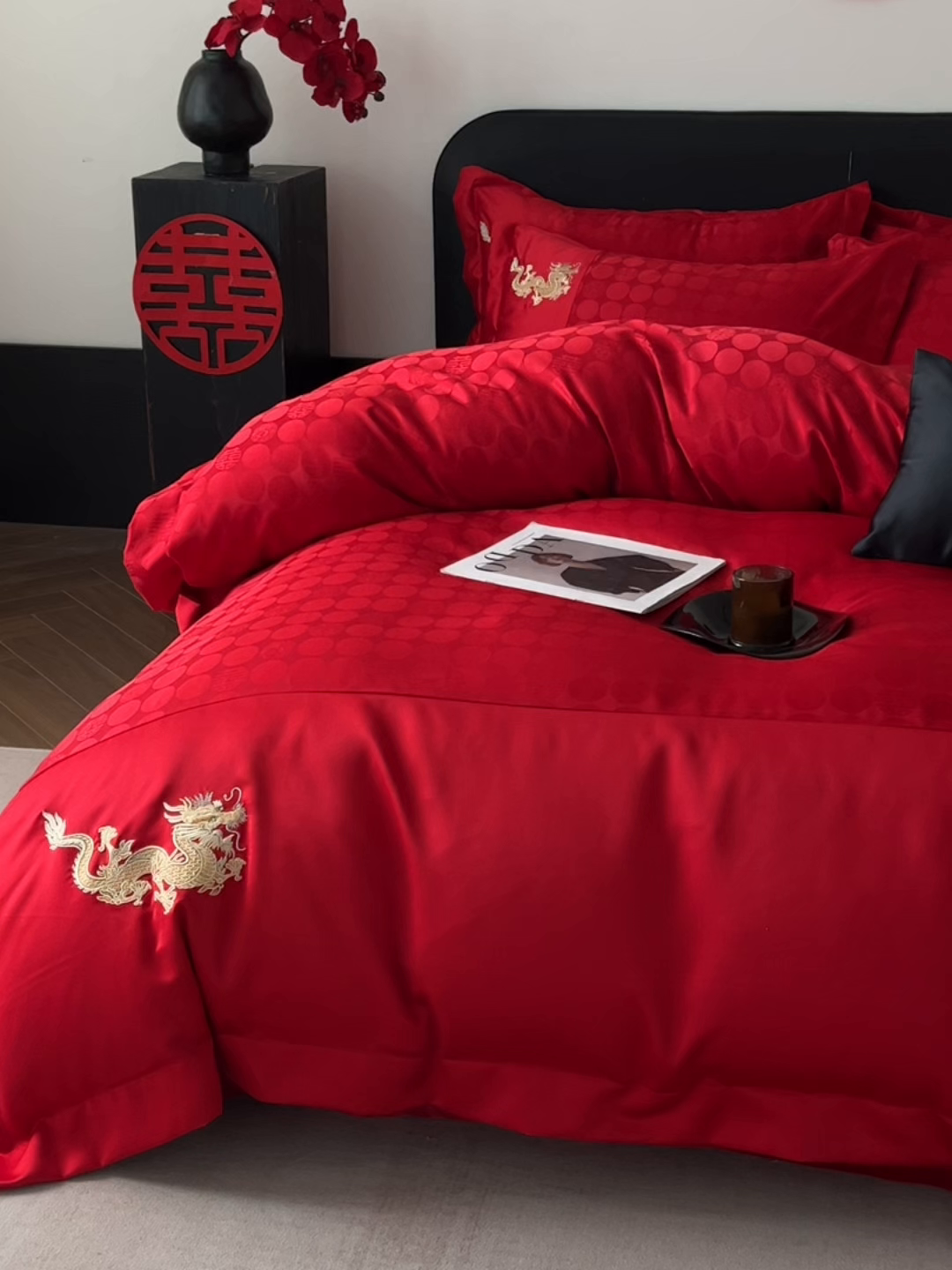 91家纺网 家纺一手货源 找家纺 欧乐蒂 2025新款亲肤棉提花婚庆四件套-玫瑰喜事 龙凤有喜-金