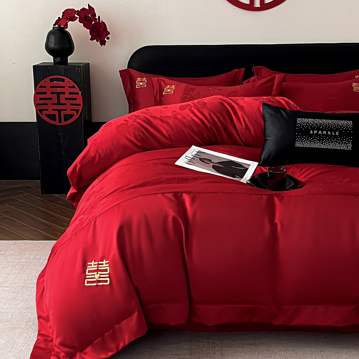 91家纺网 家纺一手货源 找家纺 欧乐蒂 2025新款亲肤棉刺绣花边婚庆四件套-浪漫花季 浪漫花季-金