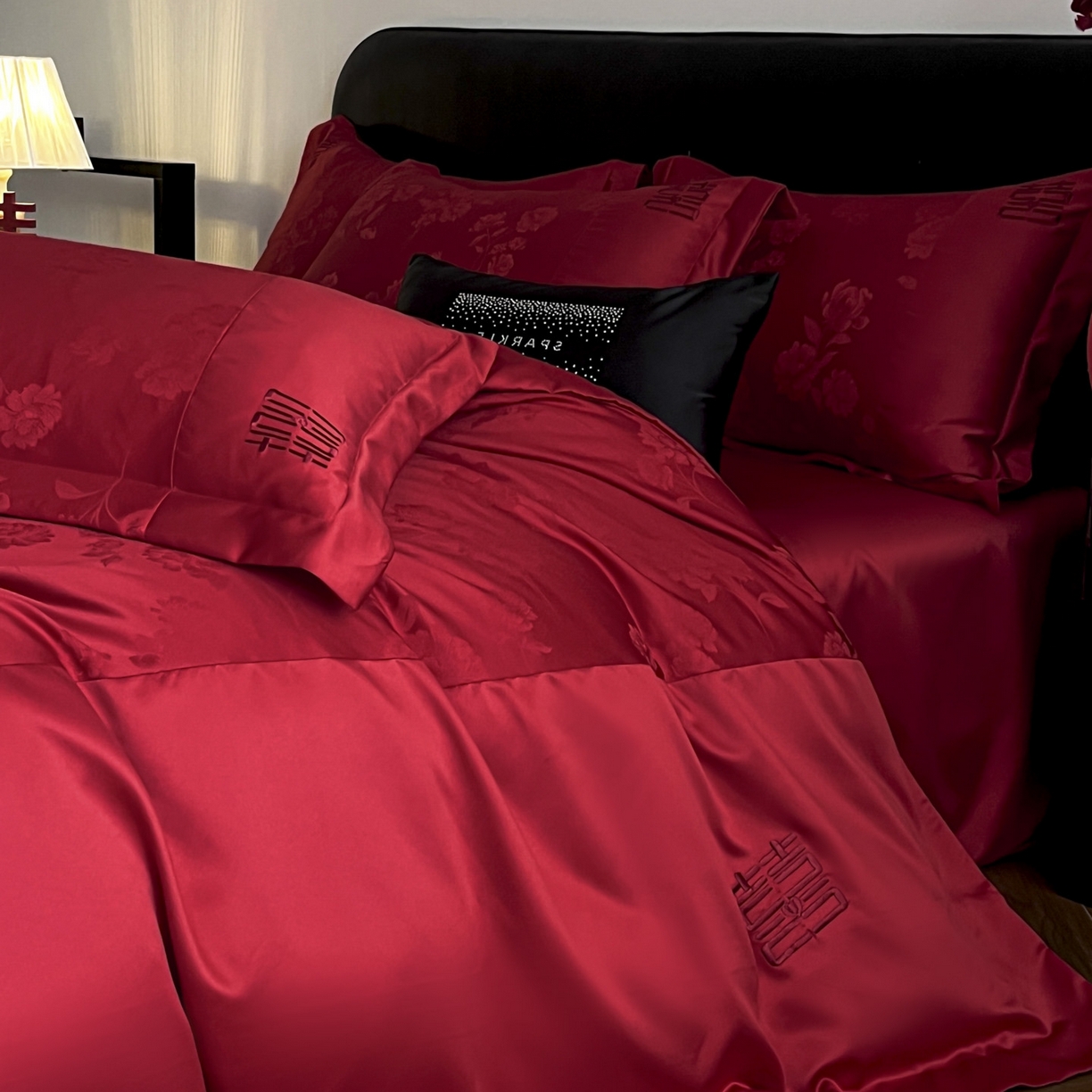 91家纺网 家纺一手货源 找家纺 欧乐蒂 2025新款亲肤棉刺绣花边婚庆四件套-浪漫花季 浪漫花季-红