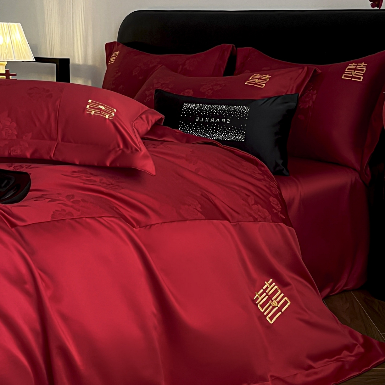 91家纺网 家纺一手货源 找家纺 欧乐蒂 2025新款亲肤棉刺绣花边婚庆四件套-浪漫花季 浪漫花季-金