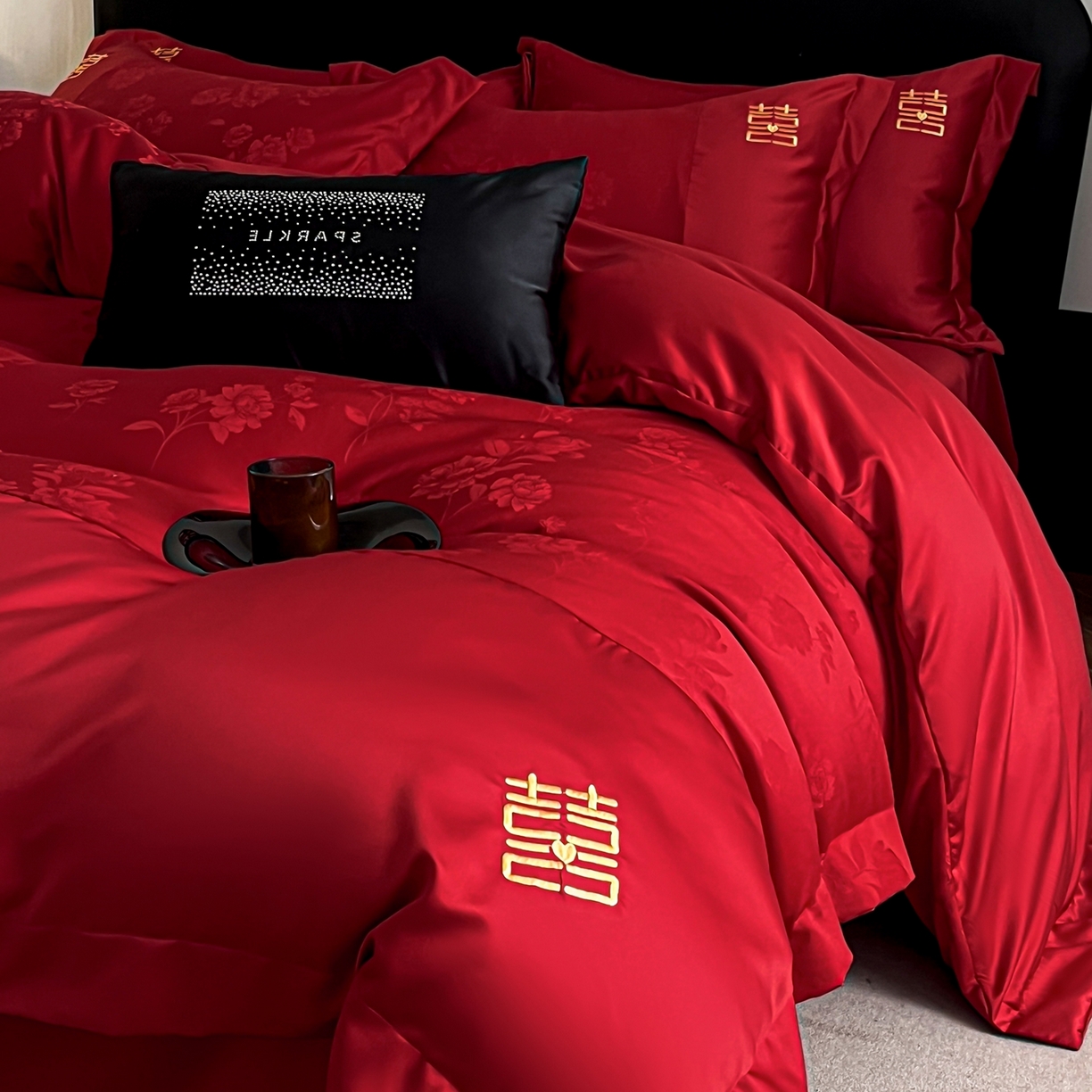 91家纺网 家纺一手货源 找家纺 欧乐蒂 2025新款亲肤棉刺绣花边婚庆四件套-浪漫花季 浪漫花季-金