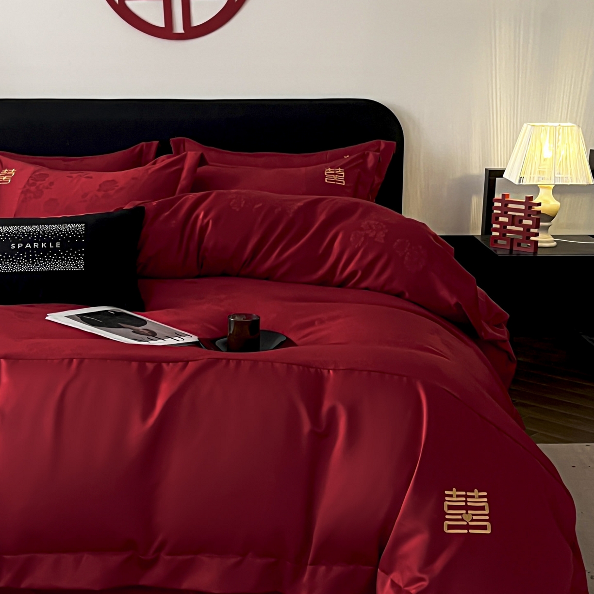 91家纺网 家纺一手货源 找家纺 欧乐蒂 2025新款亲肤棉刺绣花边婚庆四件套-浪漫花季 浪漫花季-金