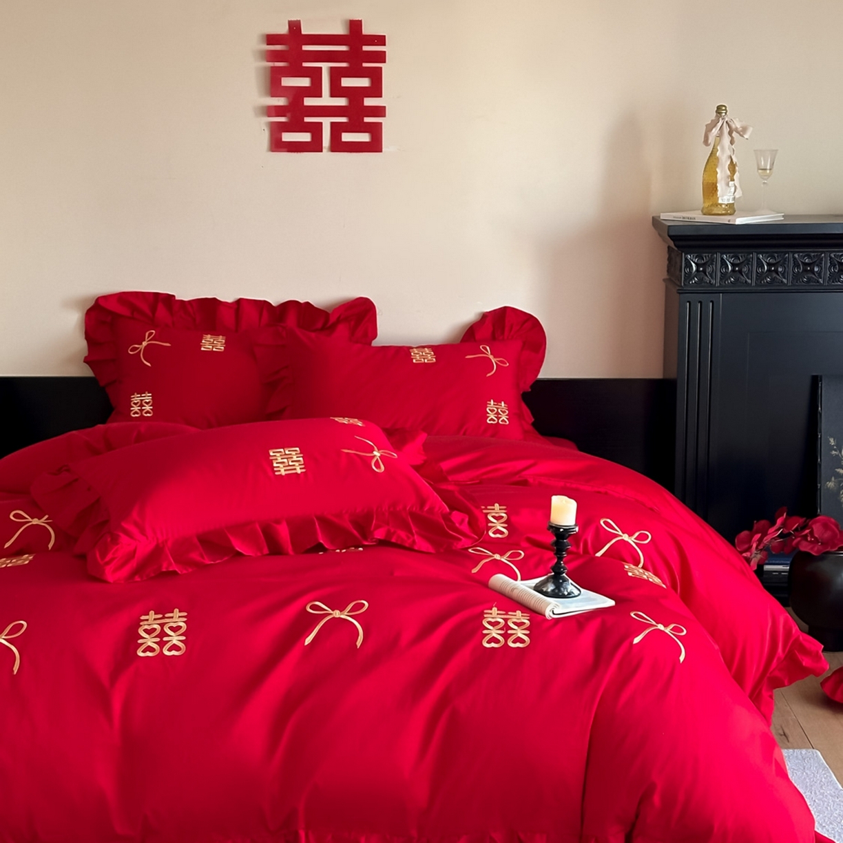 91家纺网 家纺一手货源 找家纺 （总）欧乐蒂 2025新款亲肤棉刺绣花边婚庆四件套-倾城