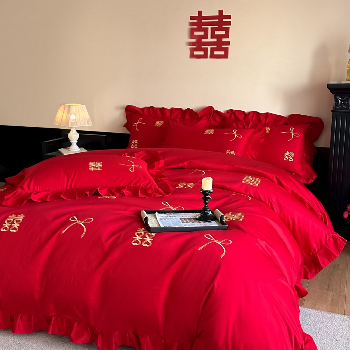 91家纺网 家纺一手货源 找家纺 （总）欧乐蒂 2025新款亲肤棉刺绣花边婚庆四件套-倾城