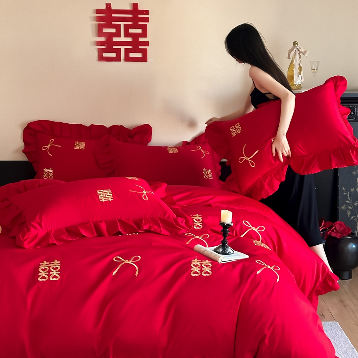 91家纺网 家纺一手货源 找家纺 欧乐蒂 2025新款亲肤棉刺绣花边婚庆四件套-倾城 倾城-金