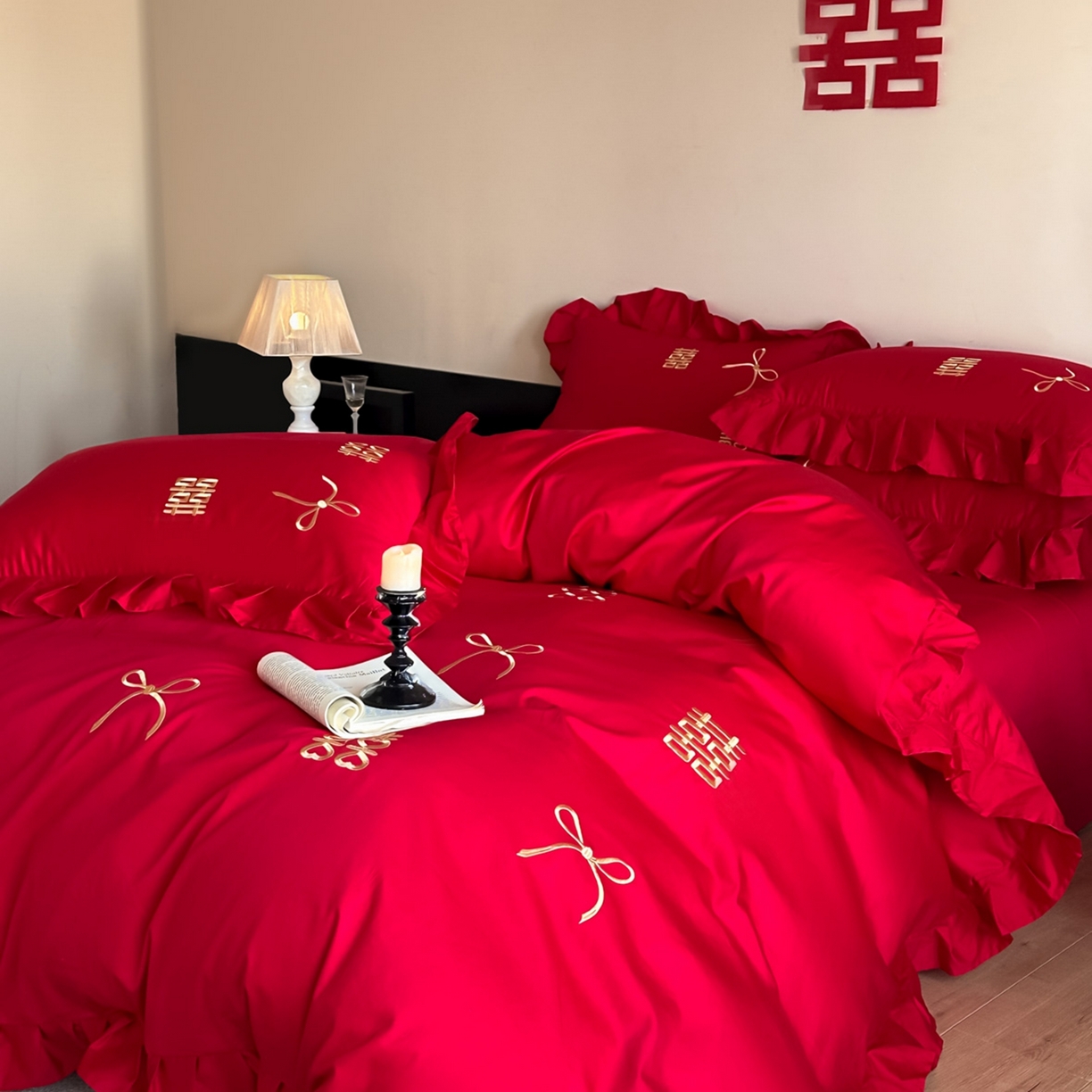 91家纺网 家纺一手货源 找家纺 欧乐蒂 2025新款亲肤棉刺绣花边婚庆四件套-倾城 倾城-金