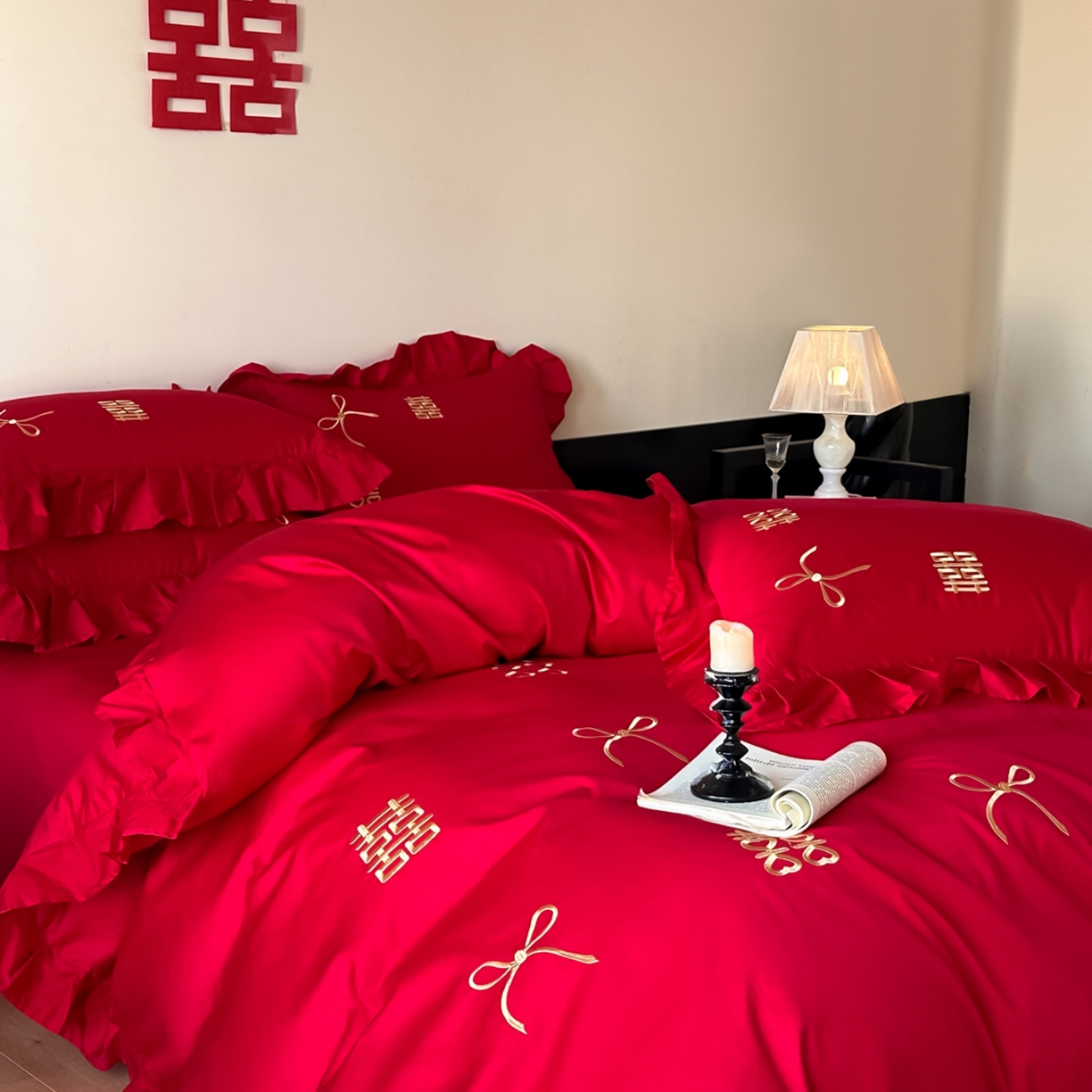 91家纺网 家纺一手货源 找家纺 欧乐蒂 2025新款亲肤棉刺绣花边婚庆四件套-倾城 倾城-金