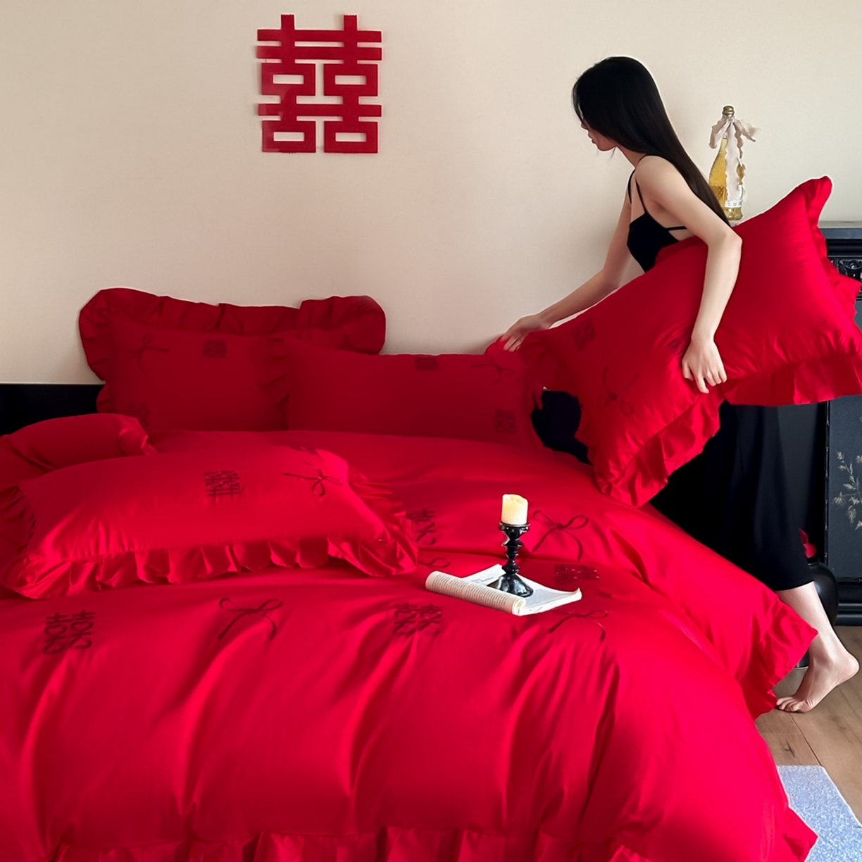 91家纺网 家纺一手货源 找家纺 欧乐蒂 2025新款亲肤棉刺绣花边婚庆四件套-倾城 倾城-喜红