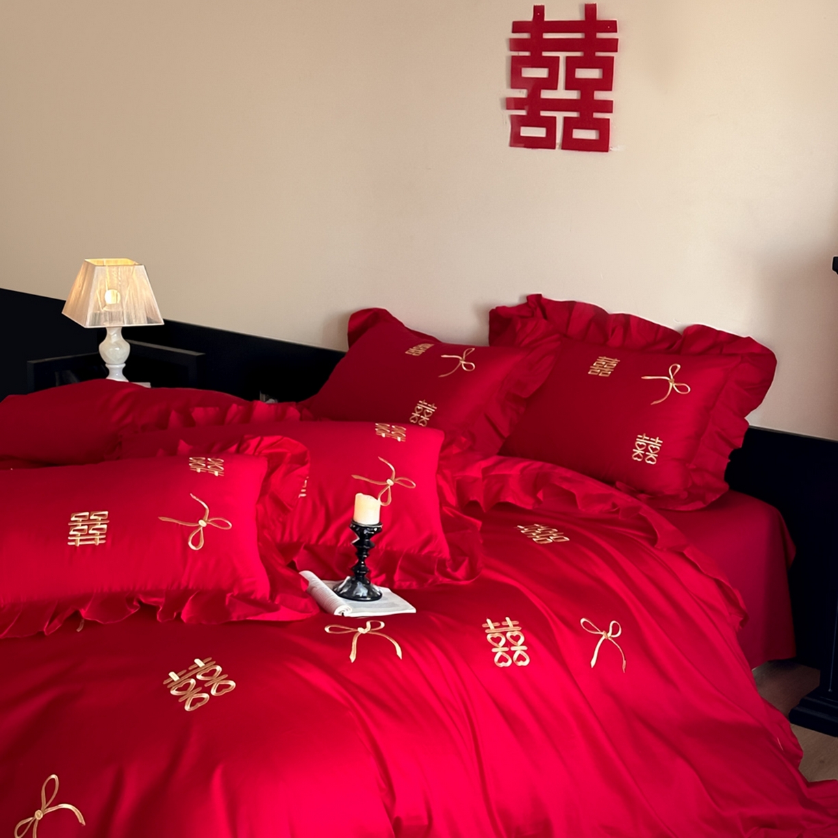 91家纺网 家纺一手货源 找家纺 欧乐蒂 2025新款亲肤棉刺绣花边婚庆四件套-倾城 倾城-金